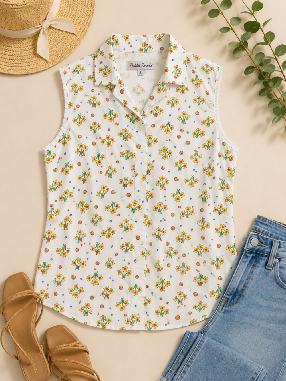 Bobbie Brooks Daffodil Floral Sleeveless Button Front Blouse Size Large